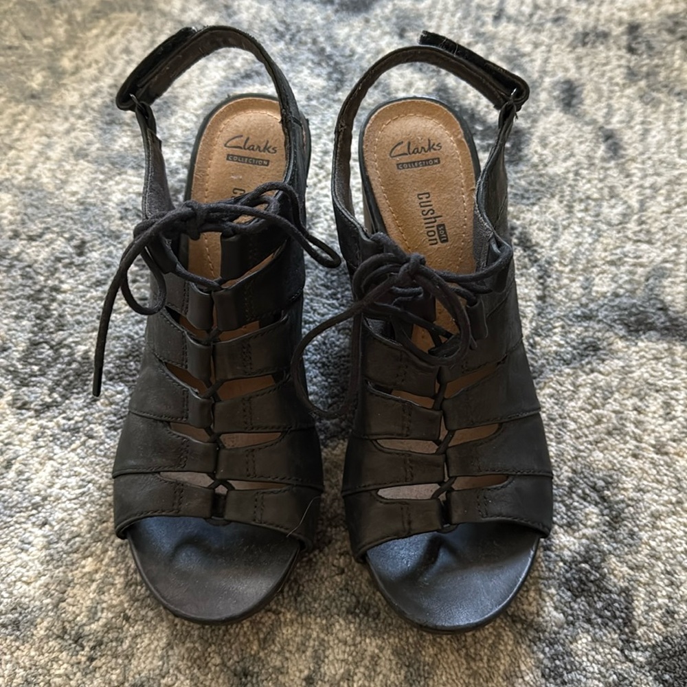 Clarks Black Leather Lace Up Block Heel Gladiator Sandals Shoes Women's 7